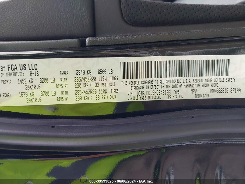 2017 JEEP GRAND CHEROKEE SRT 4X4 - 1C4RJFDJ9HC648196