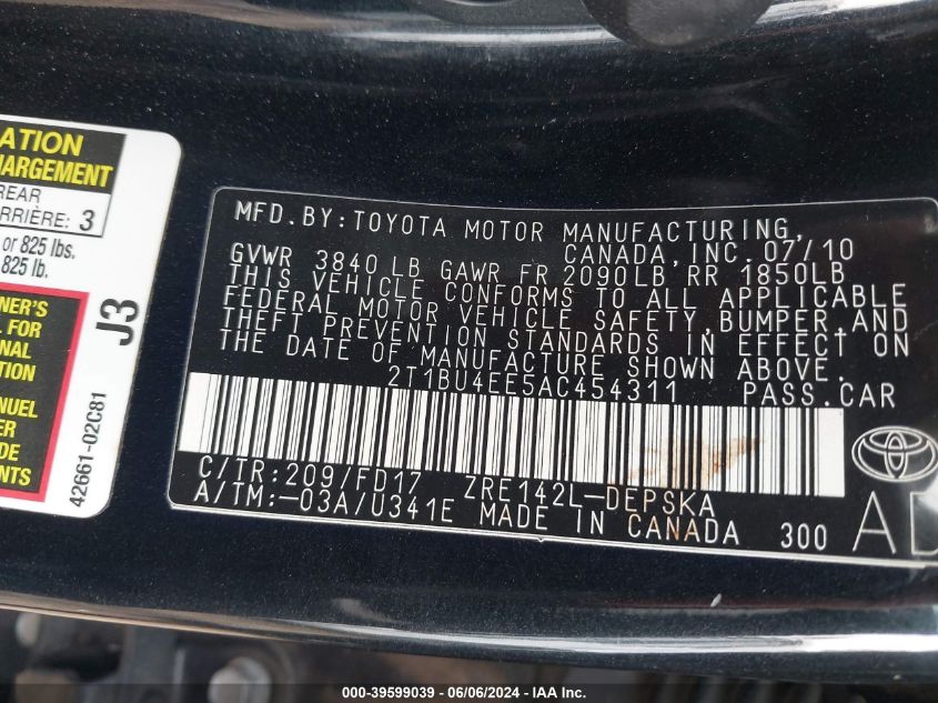 2010 Toyota Corolla S VIN: 2T1BU4EE5AC454311 Lot: 39599039