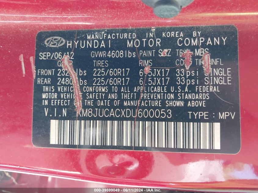 2013 Hyundai Tucson Gls VIN: KM8JUCACXDU600053 Lot: 39599049