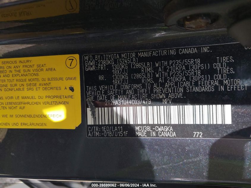 2004 Lexus Rx 330 VIN: 2T2HA31U44C037479 Lot: 39599062