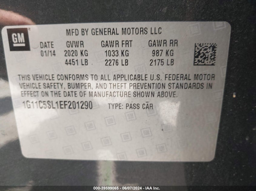 2014 Chevrolet Malibu 1Lt VIN: 1G11C5SL1EF201290 Lot: 39599065