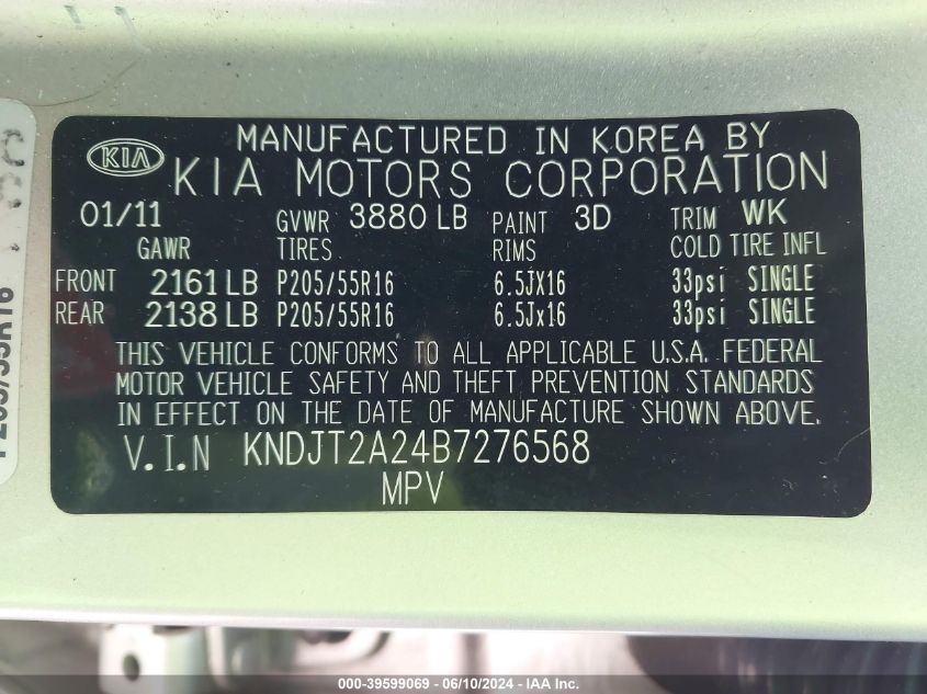 2011 Kia Soul + VIN: KNDJT2A24B7276568 Lot: 39599069