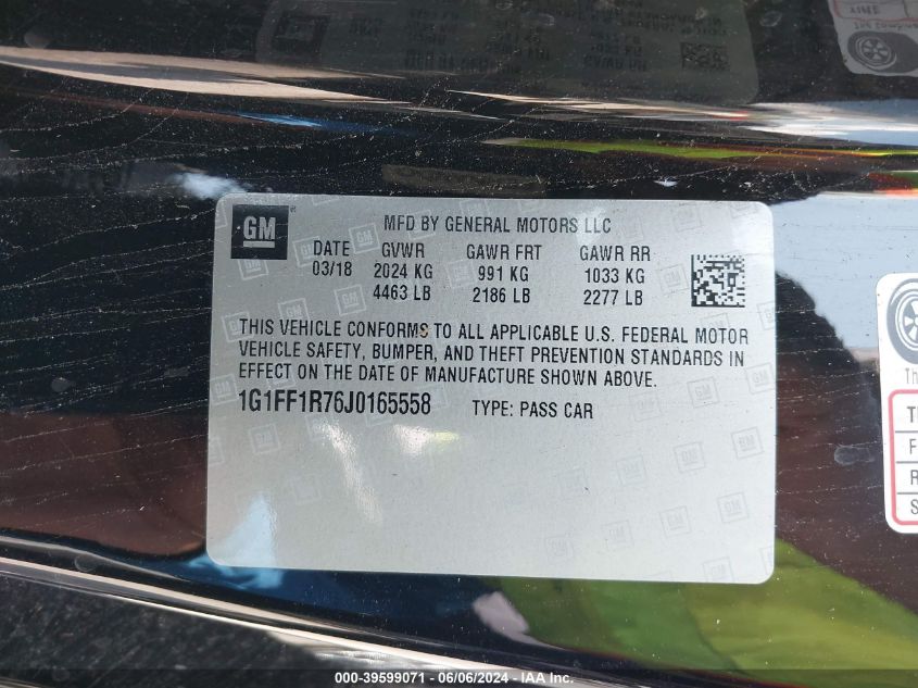 2018 Chevrolet Camaro 1Ss VIN: 1G1FF1R76J0165558 Lot: 39599071