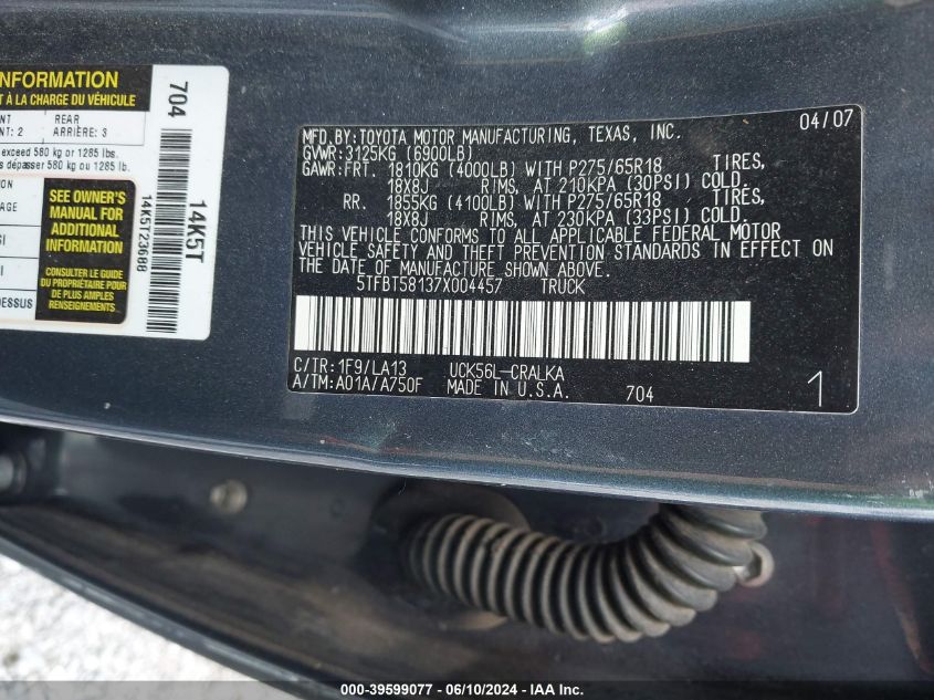 2007 Toyota Tundra Limited 4.7L V8 VIN: 5TFBT58137X004457 Lot: 39599077