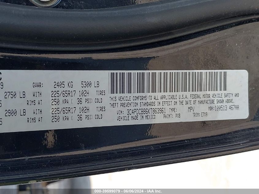 2019 Dodge Journey Se VIN: 3C4PDCBB6KT863961 Lot: 39599079