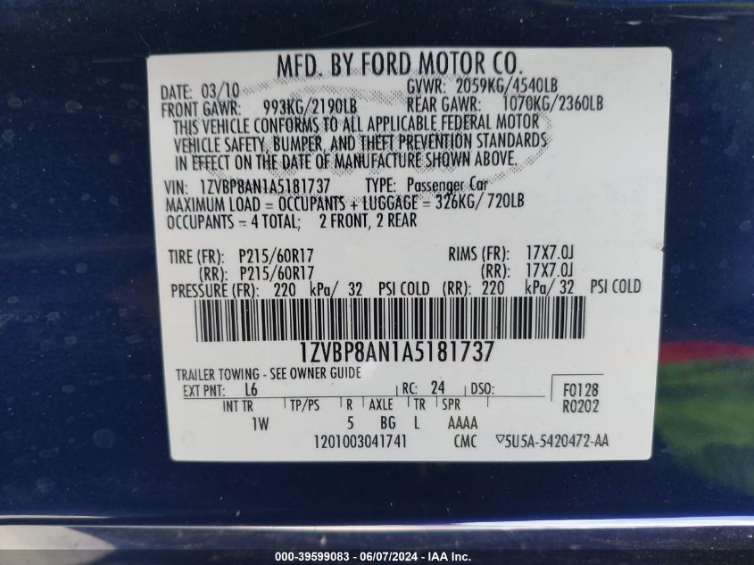 2010 Ford Mustang V6/V6 Premium VIN: 1ZVBP8AN1A5181737 Lot: 39599083