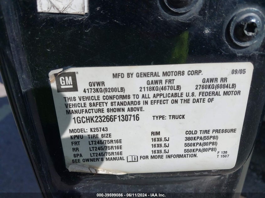 2006 Chevrolet Silverado 2500Hd Lt3 VIN: 1GCHK23266F130716 Lot: 39599086