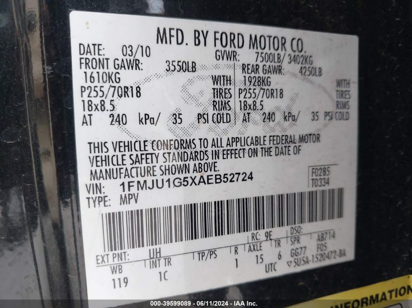 2010 Ford Expedition Xlt VIN: 1FMJU1G5XAEB52724 Lot: 39599089