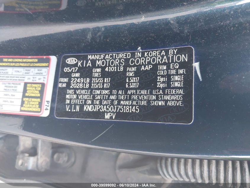 2018 Kia Soul + VIN: KNDJP3A50J7518145 Lot: 39599092