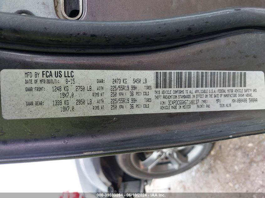 2016 Dodge Journey Crossroad Plus VIN: 3C4PDCGG0GT108137 Lot: 39599094