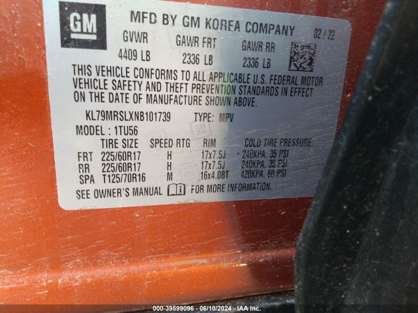 2022 Chevrolet Trailblazer Awd Lt VIN: KL79MRSLXNB101739 Lot: 39599096