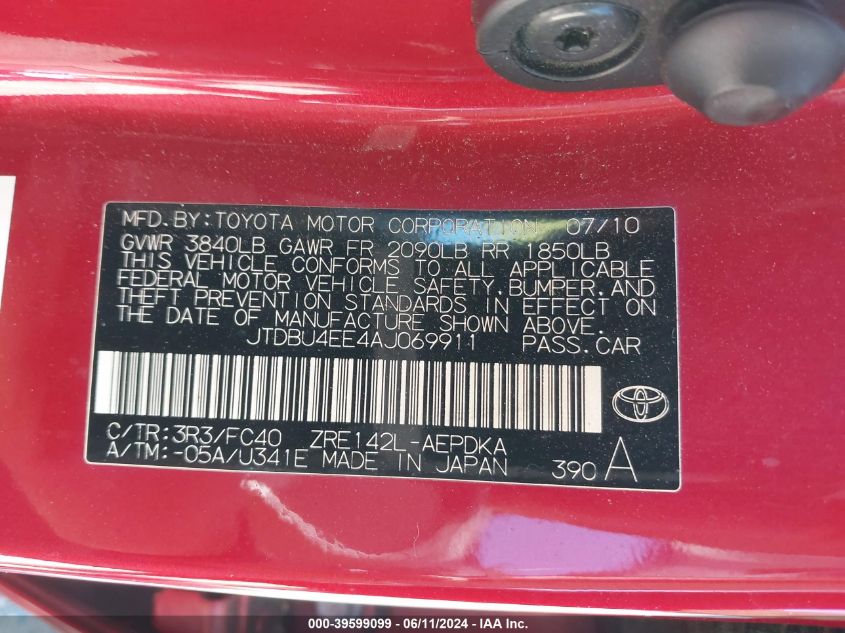 2010 Toyota Corolla Le VIN: JTDBU4EE4AJ069911 Lot: 39599099