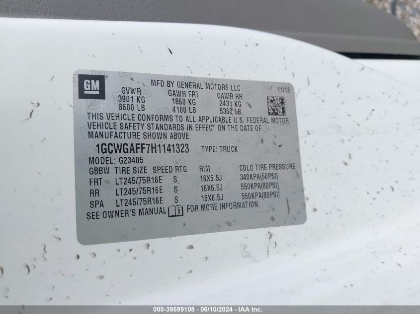 2017 Chevrolet Express 2500 Work Van VIN: 1GCWGAFF7H1141323 Lot: 39599108