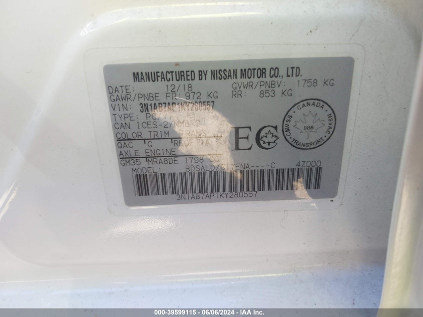 VIN 3N1AB7AP1KY280557 2019 NISSAN SENTRA S/SL/SR/SV