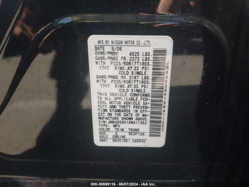 2008 Nissan Rogue Sl VIN: JN8AS58V18W411352 Lot: 39599116