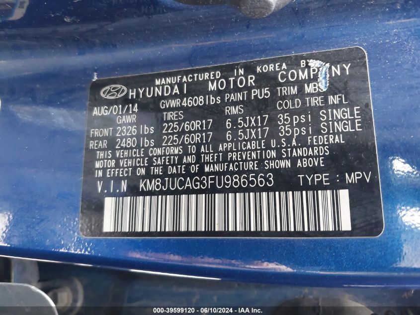 2015 Hyundai Tucson Se VIN: KM8JUCAG3FU986563 Lot: 39599120