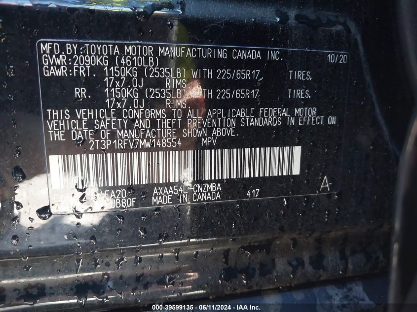 2021 Toyota Rav4 Xle VIN: 2T3P1RFV7MW148554 Lot: 39599135