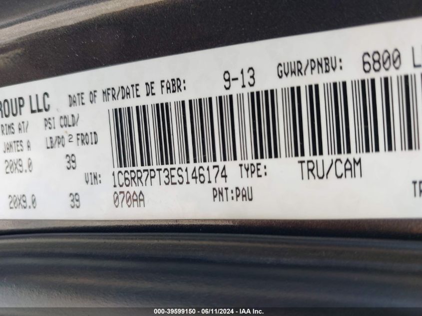 2014 Ram 1500 Longhorn VIN: 1C6RR7PT3ES146174 Lot: 39599150