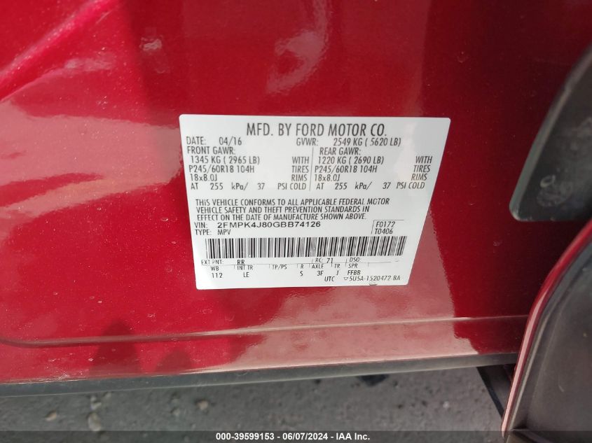 2016 Ford Edge Sel VIN: 2FMPK4J80GBB74126 Lot: 39599153