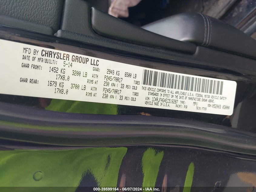 2014 Jeep Grand Cherokee Laredo VIN: 1C4RJFAG4EC516287 Lot: 39599164