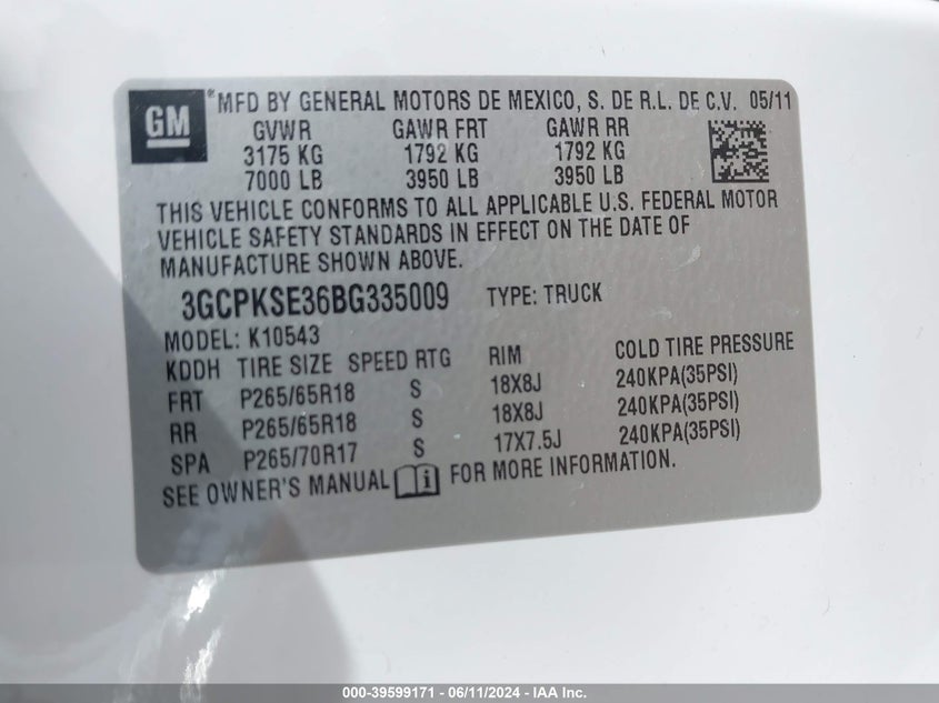 2011 Chevrolet Silverado 1500 Lt VIN: 3GCPKSE36BG335009 Lot: 39599171
