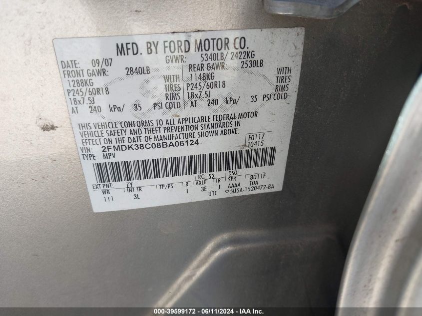 2008 Ford Edge Sel VIN: 2FMDK38C08BA06124 Lot: 39599172