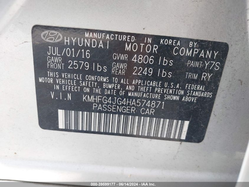 2017 Hyundai Azera VIN: KMHFG4JG4HA574871 Lot: 39599177