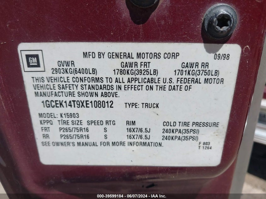 1999 Chevrolet Silverado 1500 Ls VIN: 1GCEK14T9XE108012 Lot: 39599184
