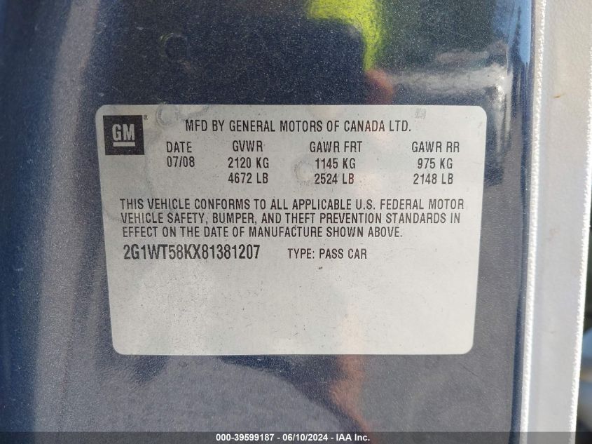 2008 Chevrolet Impala Lt VIN: 2G1WT58KX81381207 Lot: 39599187