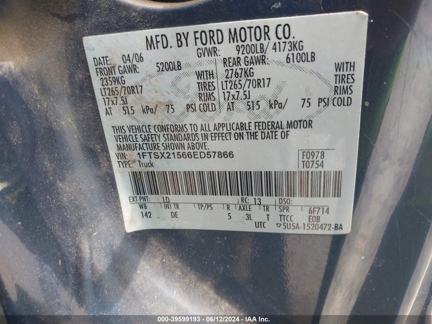 2006 Ford F-250 Lariat/Xl/Xlt VIN: 1FTSX21566ED57866 Lot: 39599193