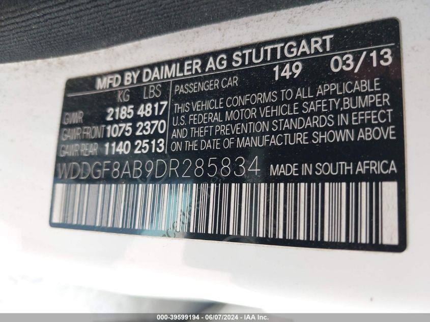 2013 Mercedes-Benz C 300 Luxury 4Matic/Sport 4Matic VIN: WDDGF8AB9DR285834 Lot: 39599194