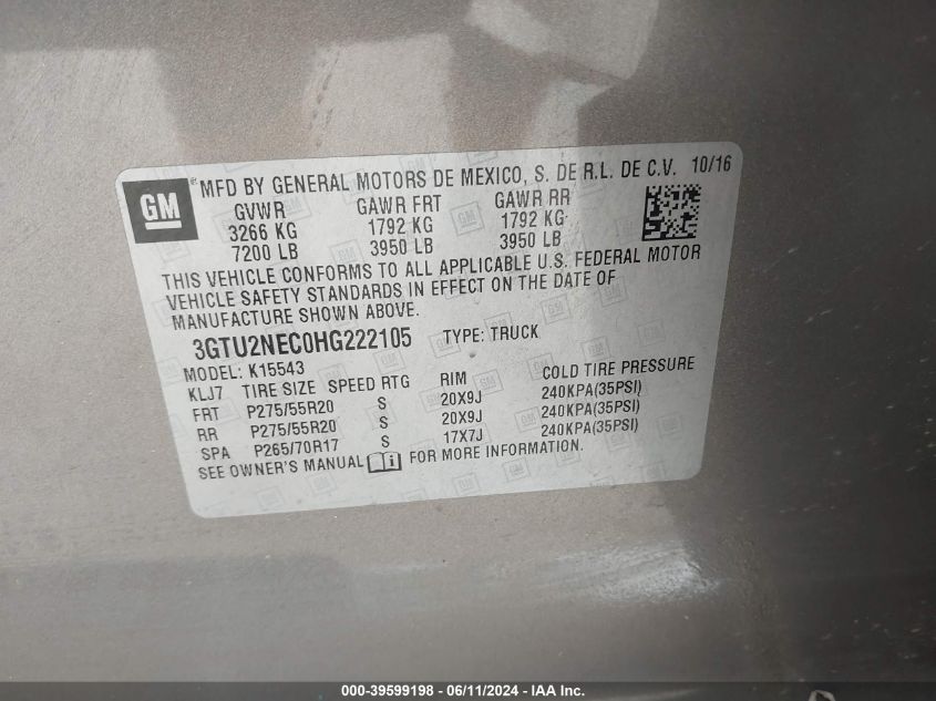 2017 GMC Sierra 1500 Slt VIN: 3GTU2NEC0HG222105 Lot: 39599198