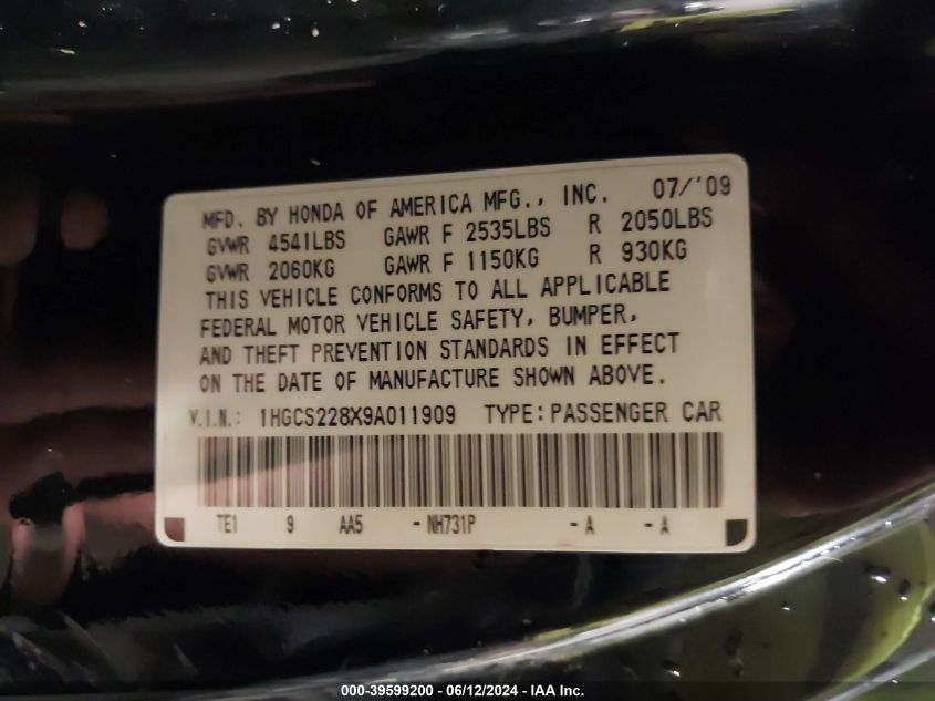 2009 Honda Accord 3.5 Ex-L VIN: 1HGCS228X9A011909 Lot: 39599200