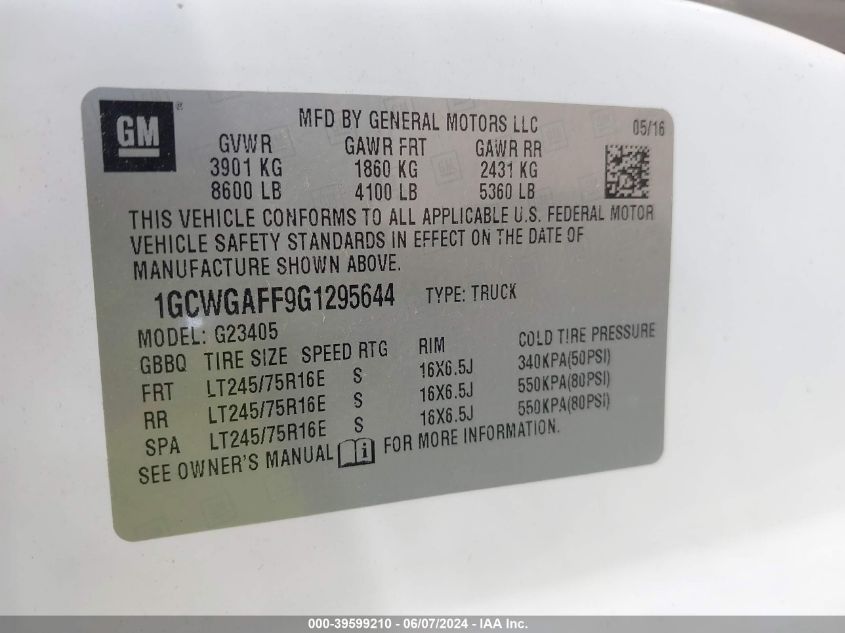 2016 Chevrolet Express 2500 Work Van VIN: 1GCWGAFF9G1295644 Lot: 39599210