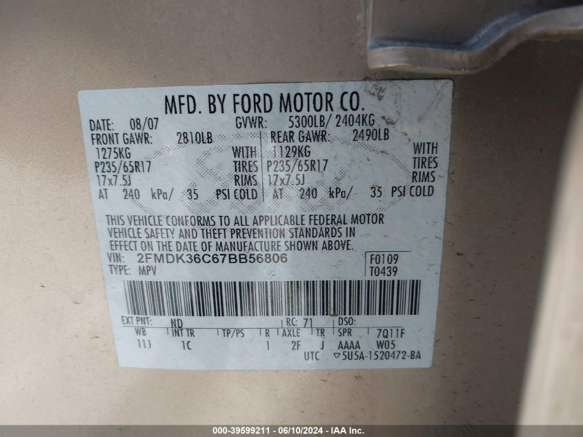 2007 Ford Edge Se VIN: 2FMDK36C67BB56806 Lot: 39599211