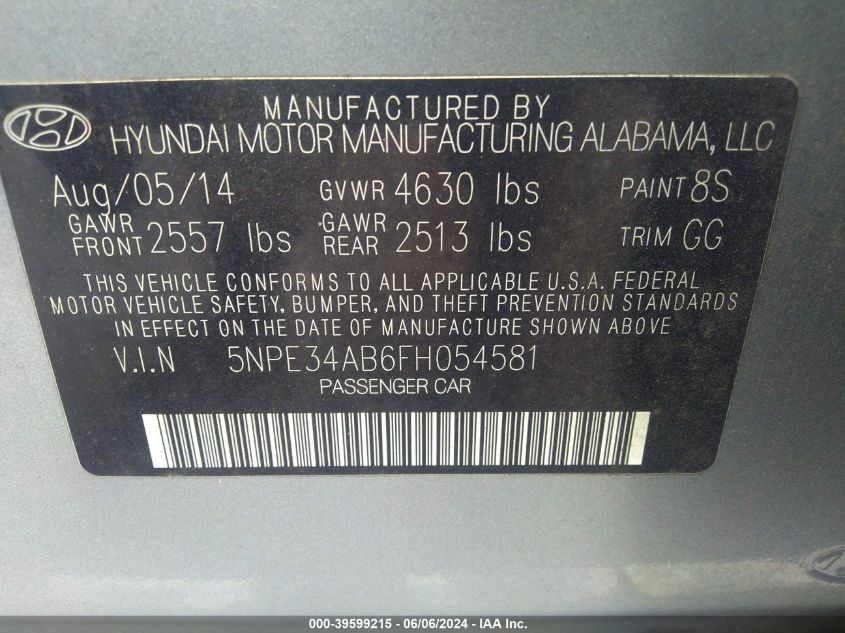 2015 Hyundai Sonata Sport 2.0T VIN: 5NPE34AB6FH054581 Lot: 39599215