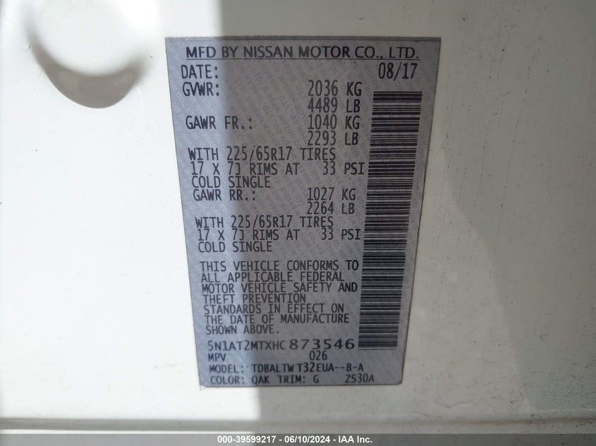 2017 Nissan Rogue Sv VIN: 5N1AT2MTXHC873546 Lot: 39599217