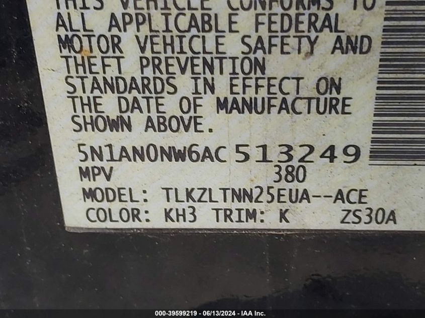 2010 Nissan Xterra Se VIN: 5N1AN0NW6AC513249 Lot: 39599219