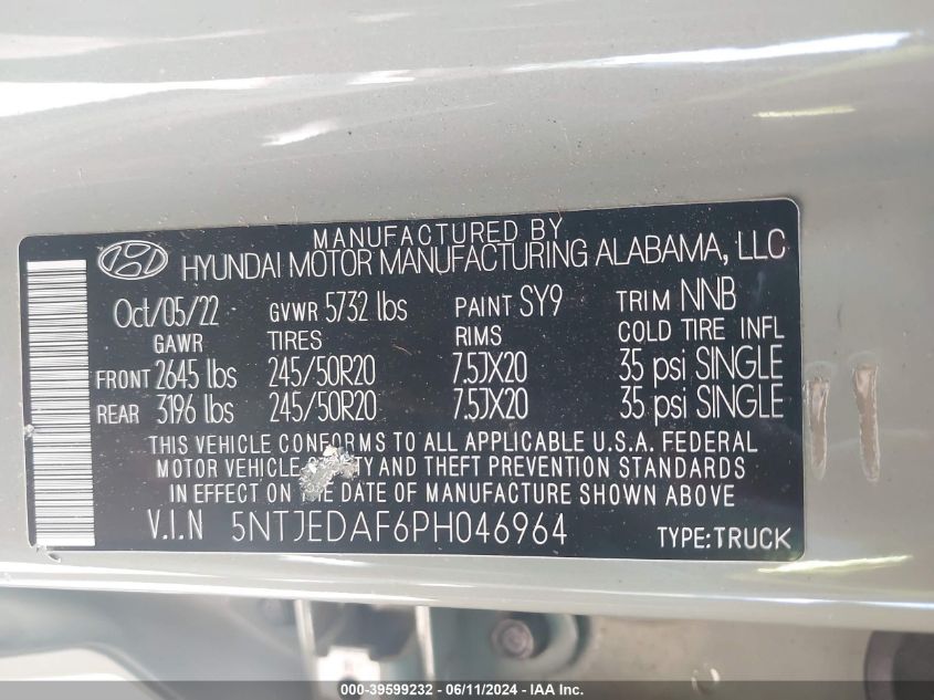 2023 Hyundai Santa Cruz Limited VIN: 5NTJEDAF6PH046964 Lot: 39599232