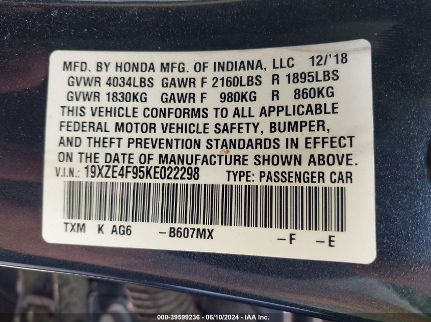 2019 Honda Insight Touring VIN: 19XZE4F95KE022298 Lot: 39599236