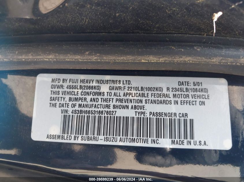 2001 Subaru Outback VIN: 4S3BH665316676027 Lot: 39599239