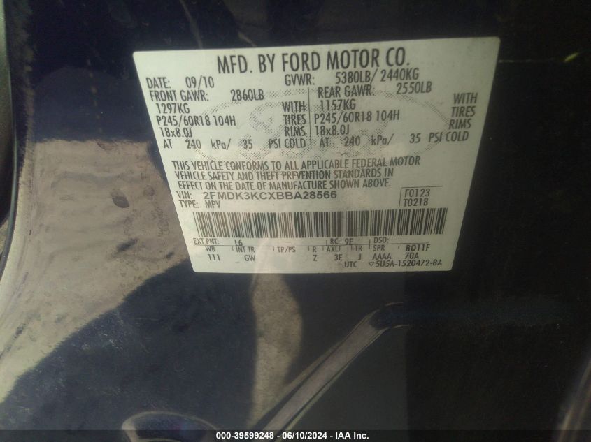 2011 Ford Edge Limited VIN: 2FMDK3KCXBBA28566 Lot: 39599248