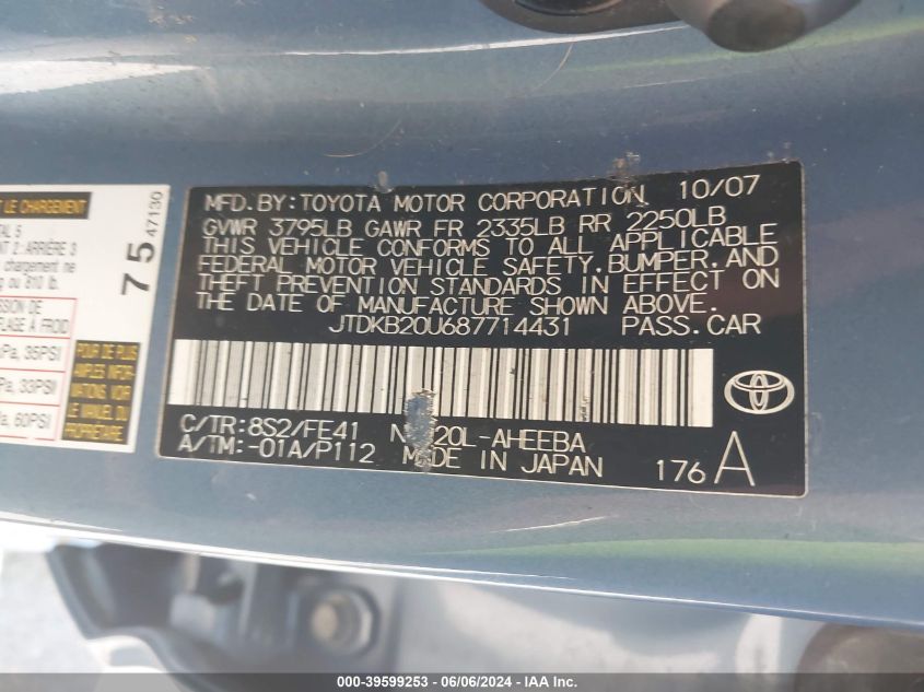 2008 Toyota Prius VIN: JTDKB20U687714431 Lot: 39599253