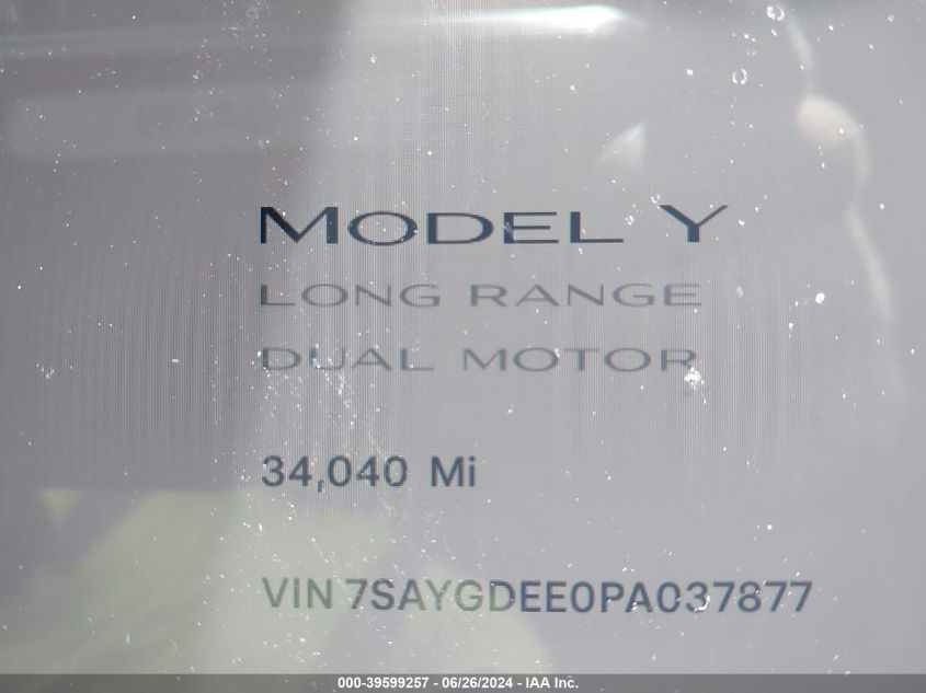 2023 Tesla Model Y Awd/Long Range Dual Motor All-Wheel Drive VIN: 7SAYGDEE0PA037877 Lot: 39599257