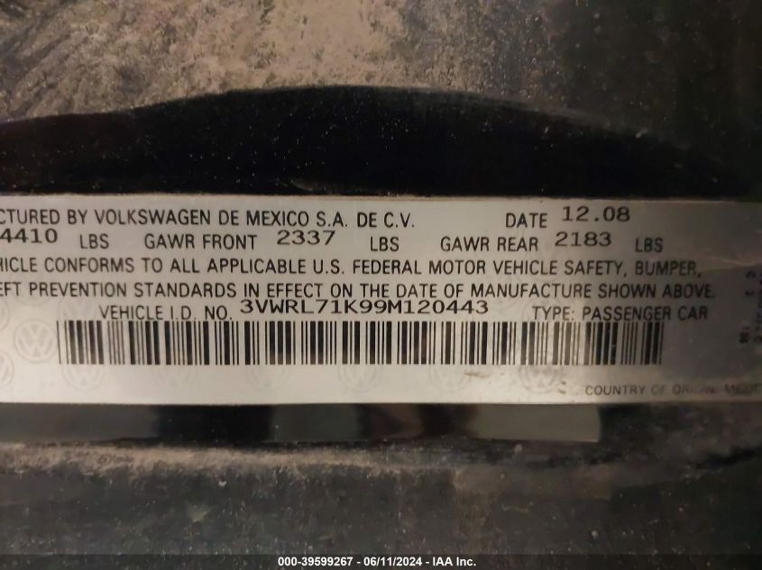 2009 Volkswagen Jetta Tdi VIN: 3VWRL71K99M120443 Lot: 39599267