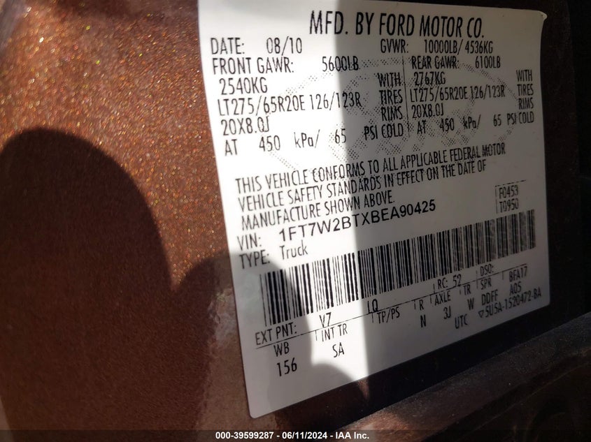 2011 Ford F-250 Lariat VIN: 1FT7W2BTXBEA90425 Lot: 39599287