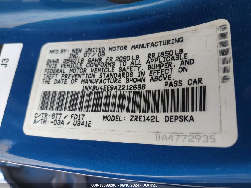 2010 Toyota Corolla S VIN: 1NXBU4EE9AZ212698 Lot: 39599288