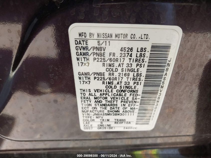 2011 Nissan Rogue Sv VIN: JN8AS5MV3BW301111 Lot: 39599300