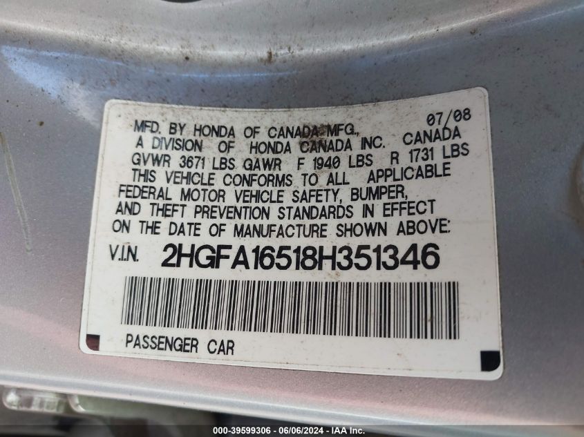 2008 Honda Civic Lx VIN: 2HGFA16518H351346 Lot: 39599306