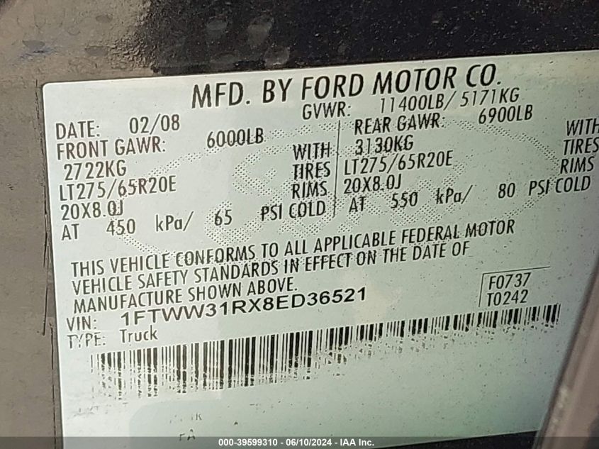 2008 Ford F-350 Fx4/Harley-Davidson/King Ranch/Lariat/Xl/Xlt VIN: 1FTWW31RX8ED36521 Lot: 39599310